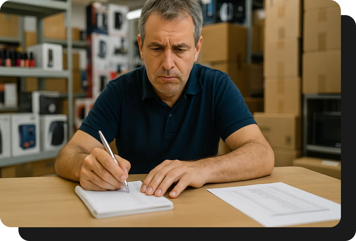 Mayorista de tecnología y electrodomésticos tomando pedido a mano sin ventasxmayor.com.co