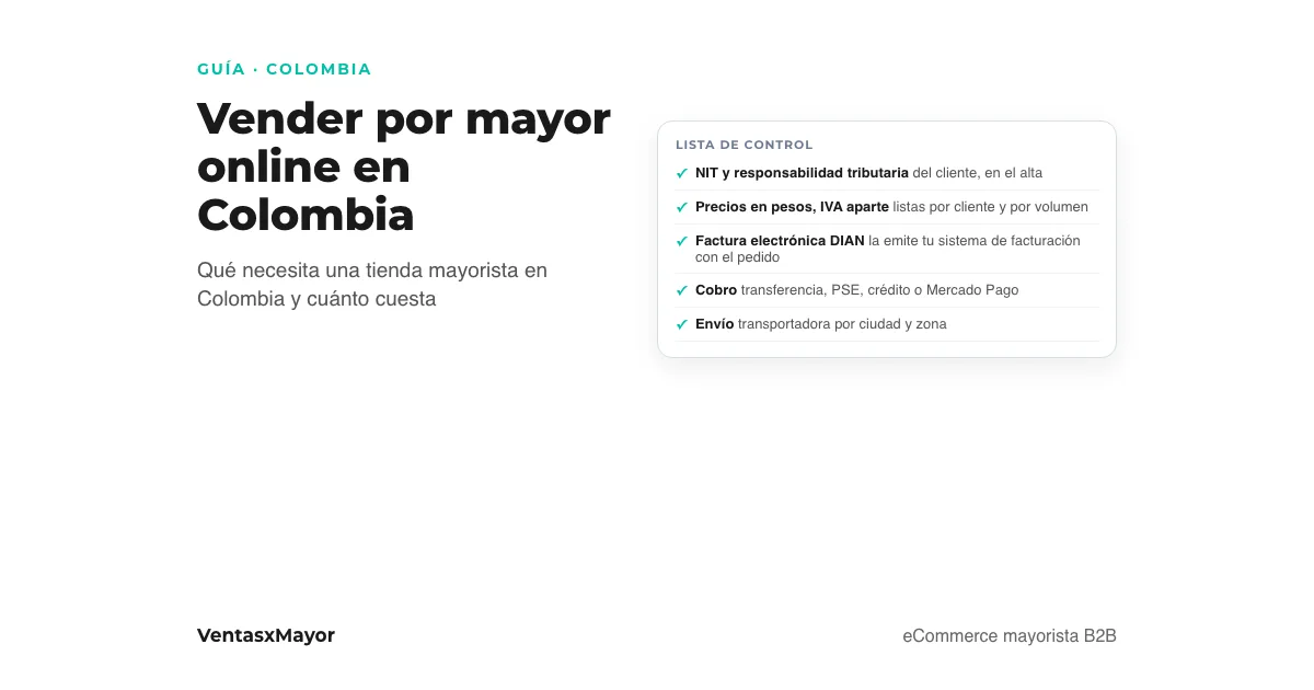 Portada: lista de control de una tienda mayorista en Colombia: NIT del cliente, precios con IVA (19 % en la tarifa general) aparte, factura electrónica DIAN, cobro y envío