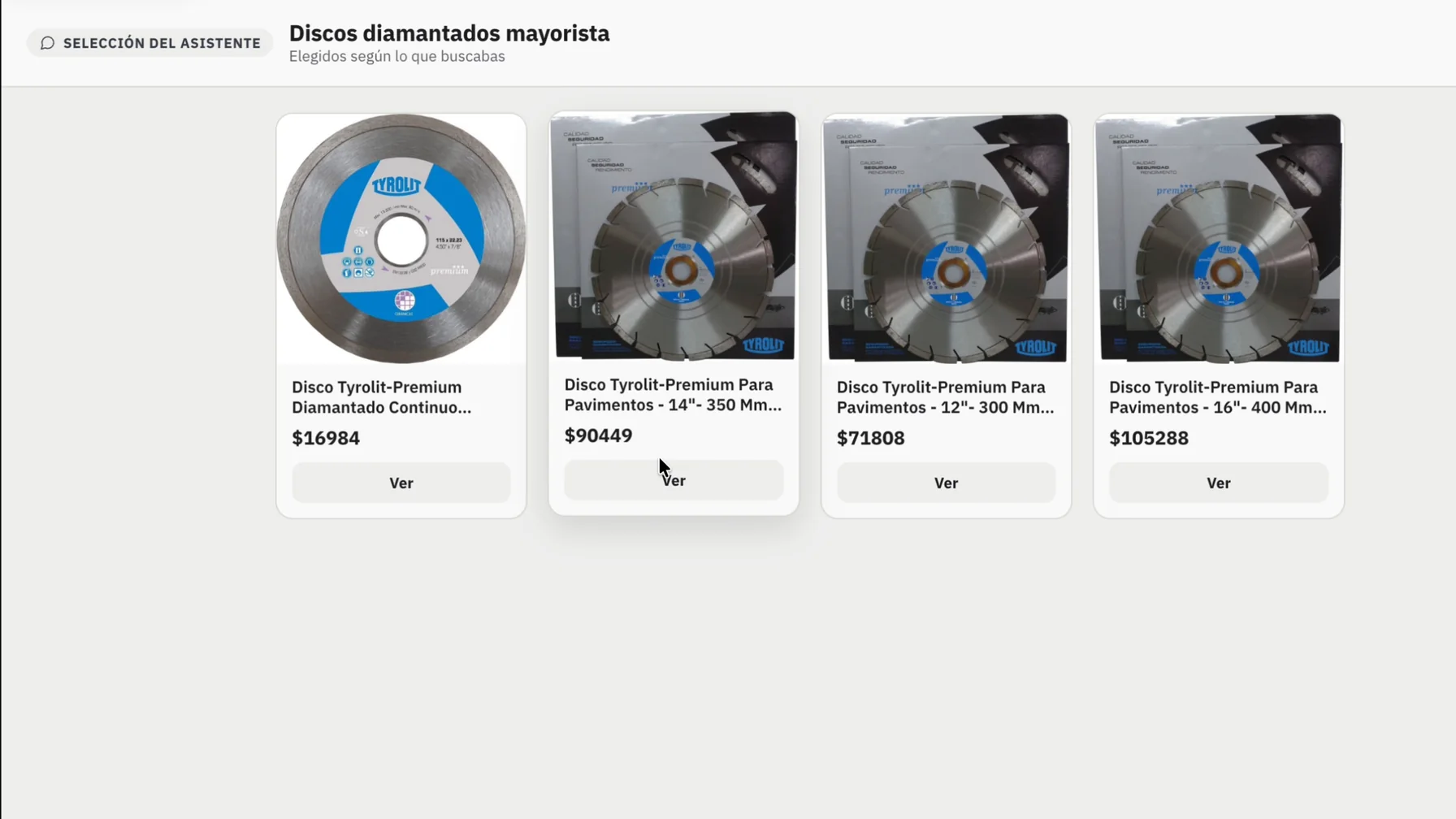 El Vendedor IA de VentasxMayor abrió dentro de la tienda mayorista una selección de cuatro discos diamantados Tyrolit con su precio, armada a partir del pedido del cliente