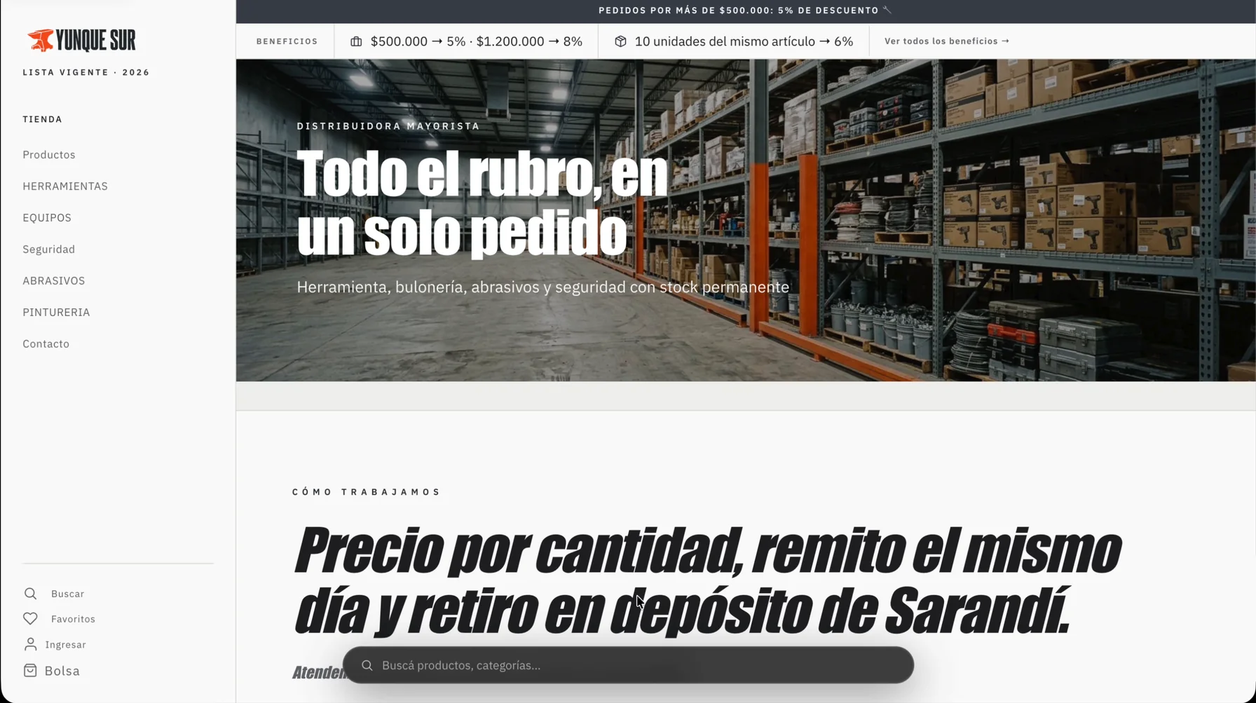 Tienda mayorista de ferretería hecha con VentasxMayor: catálogo B2B con descuentos por volumen en la barra superior y stock permanente de herramienta, bulonería, abrasivos y seguridad
