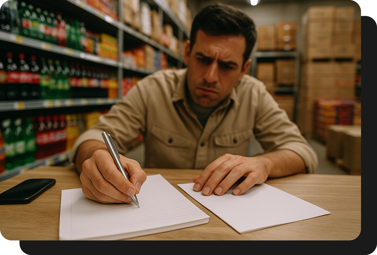 mayorista de alimentos y bebidas tomando pedido a mano sin ventasxmayor.com.co