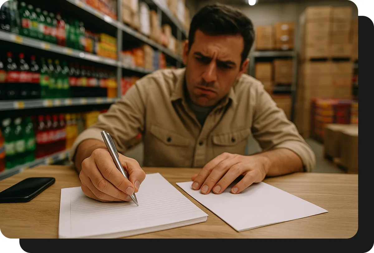 mayorista de alimentos y bebidas tomando pedido a mano sin ventasxmayor.com.co