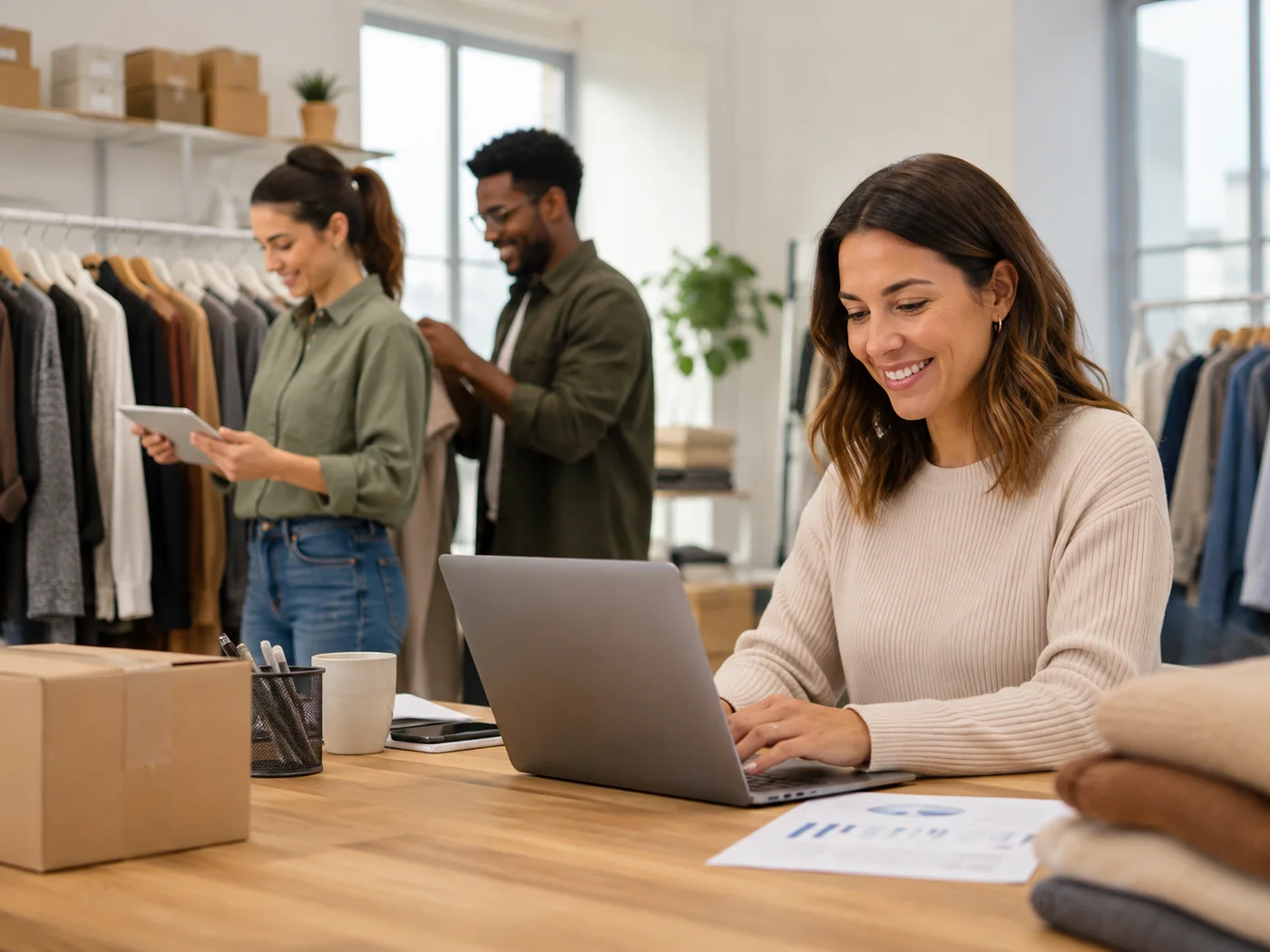 Equipo de una marca de indumentaria trabajando con notebook y tablet en su showroom