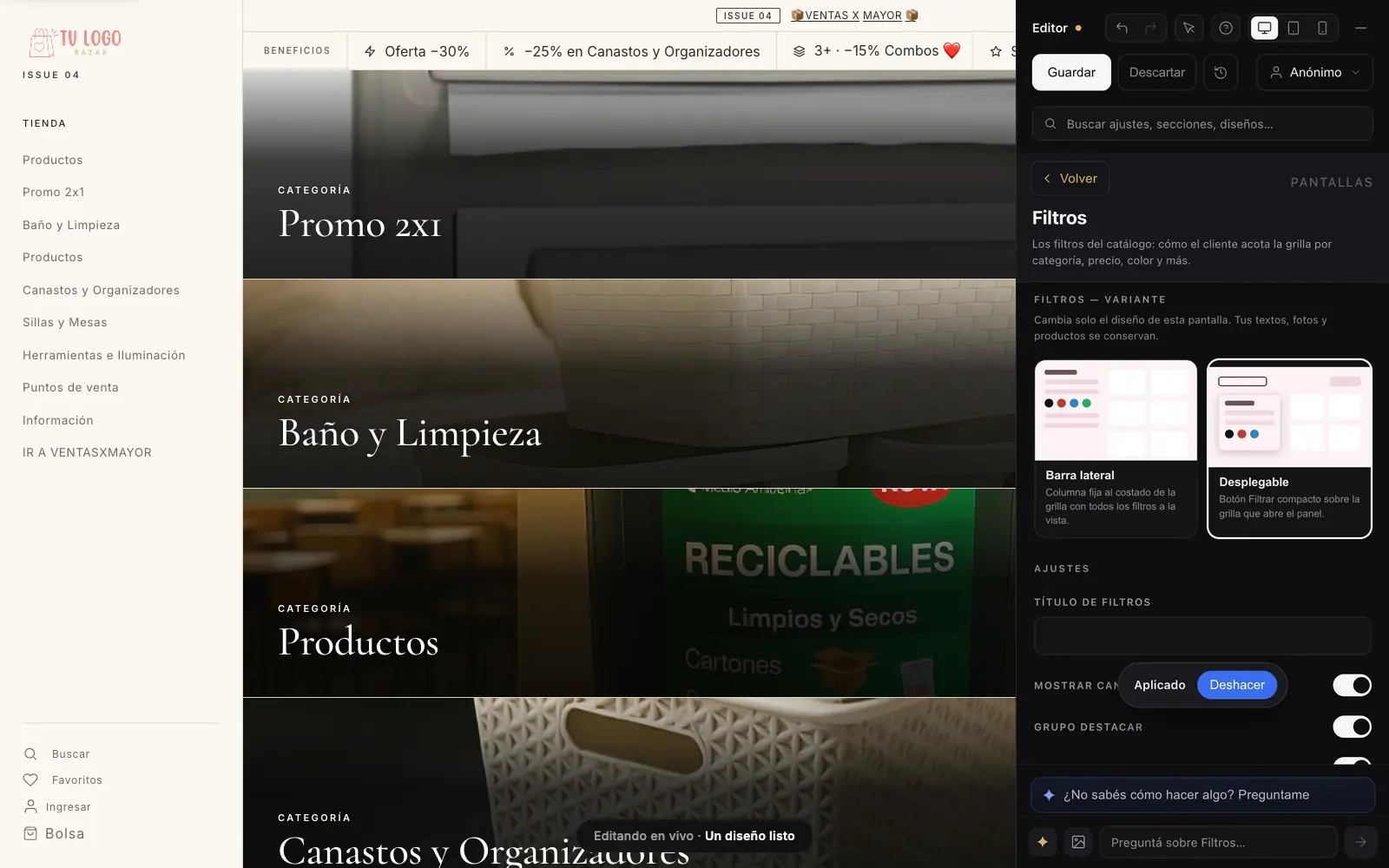 Panel de administración VentasxMayor editando en vivo una tienda mayorista de bazar: catálogo B2B por categorías, precios por cliente y diseño con la marca del negocio