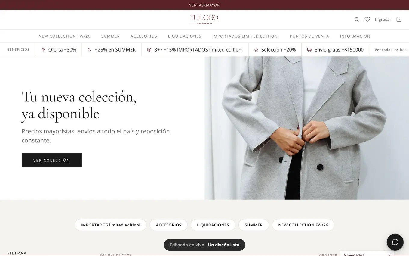 Tienda mayorista real hecha con VentasxMayor rediseñándose en vivo — mismo catálogo con otra identidad visual, precios por cliente y descuentos por volumen