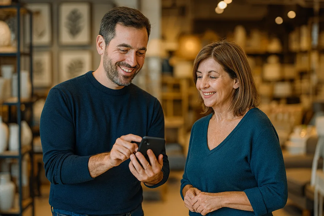 Vendedor mayorista mostrando el pedido en el celular a la dueña de un comercio, con la tienda B2B de VentasxMayor